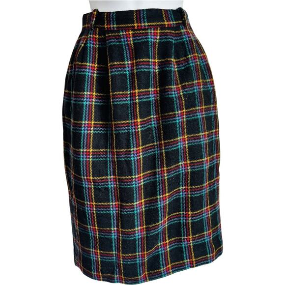 Vintage 70s Black Red Yellow Plaid Wool Skirt Pleated 2 Ports Trademark Designs - Picture 1 of 8